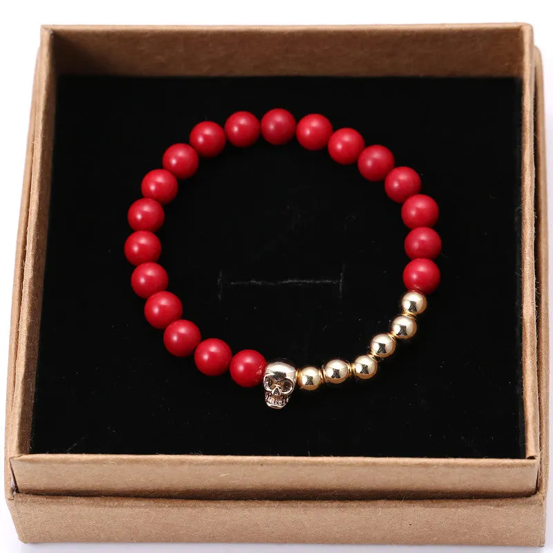 New Design 8MM Red Coral Natural Agate Stone Bracelets Skull Charm Bracelets For Men Jewelry Gift Strand Bracelets