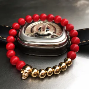 New Design 8MM Red Coral Natural Agate Stone Bracelets Skull Charm Bracelets For Men Jewelry Gift Strand Bracelets