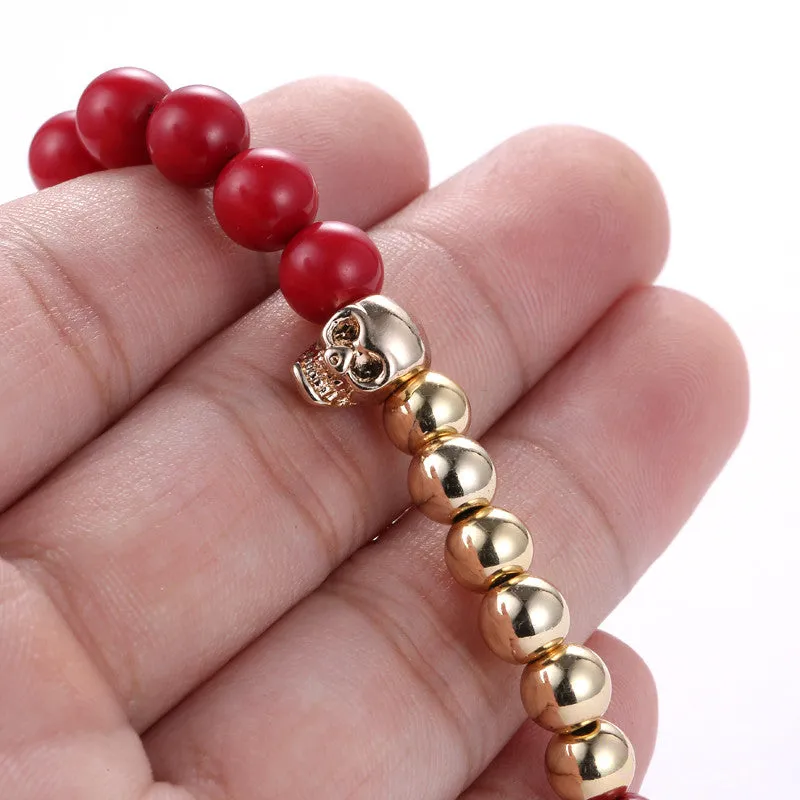 New Design 8MM Red Coral Natural Agate Stone Bracelets Skull Charm Bracelets For Men Jewelry Gift Strand Bracelets