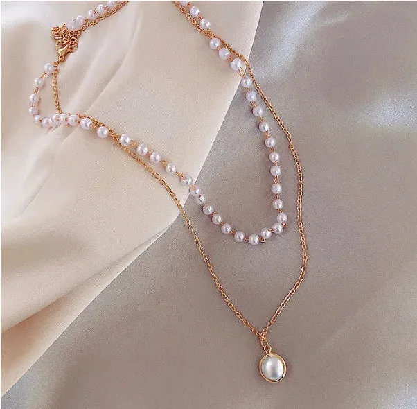 New Fashion Kpop Double Baroque Pearl Charm Wedding Girl Necklake