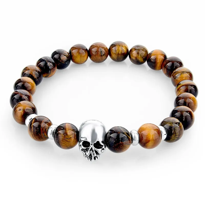 New Fashion Natural Skull Lava Stone Beads And Tiger Eye Stone Beads Men Bracelet