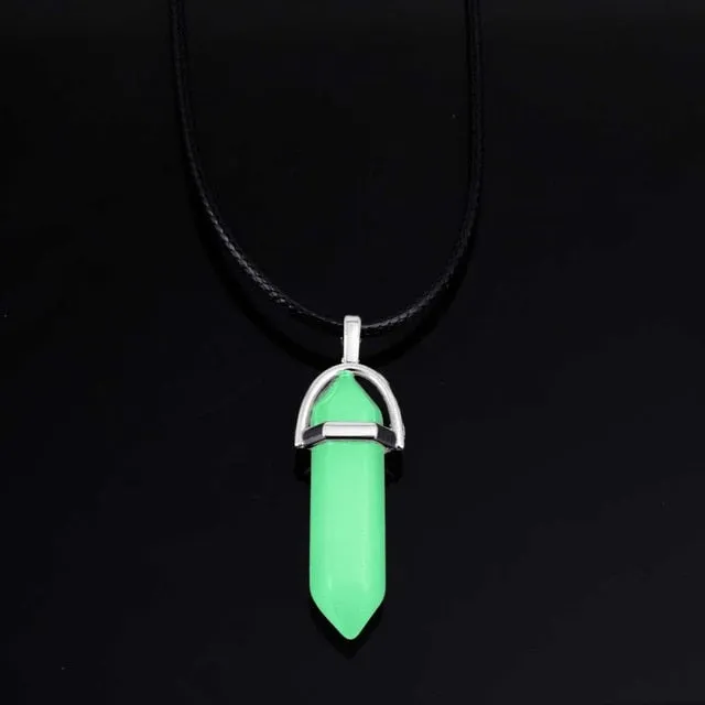 New Luminous Stone Fluorescent Hexagonal Column Necklace Natural Crystal Gem Pendant Leather Chains