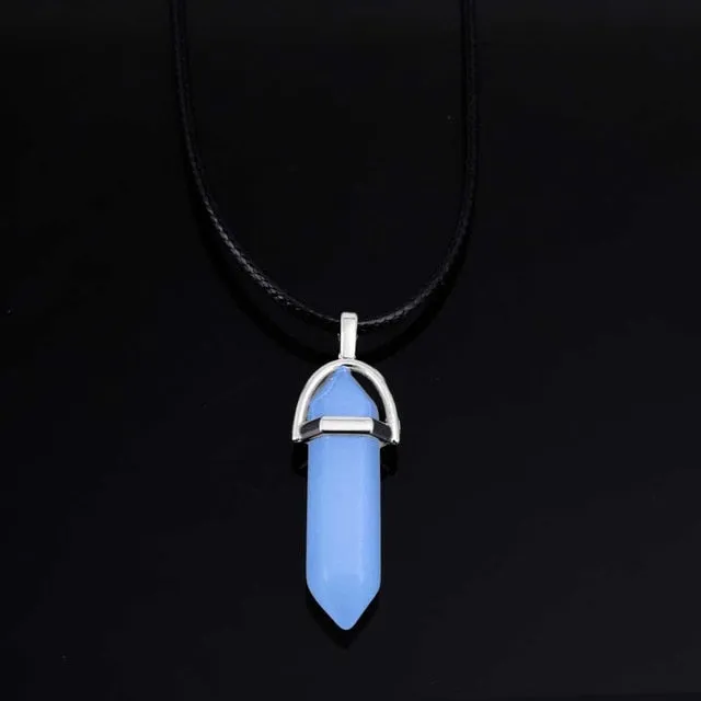 New Luminous Stone Fluorescent Hexagonal Column Necklace Natural Crystal Gem Pendant Leather Chains