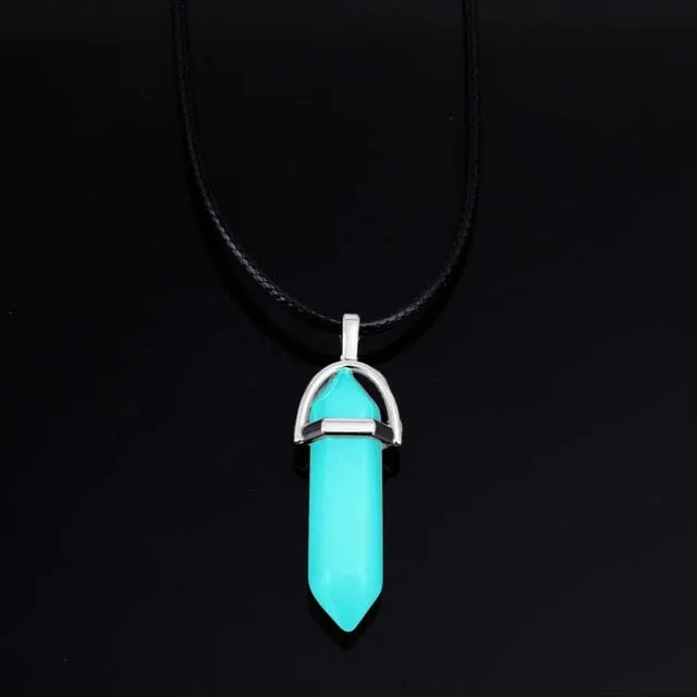 New Luminous Stone Fluorescent Hexagonal Column Necklace Natural Crystal Gem Pendant Leather Chains