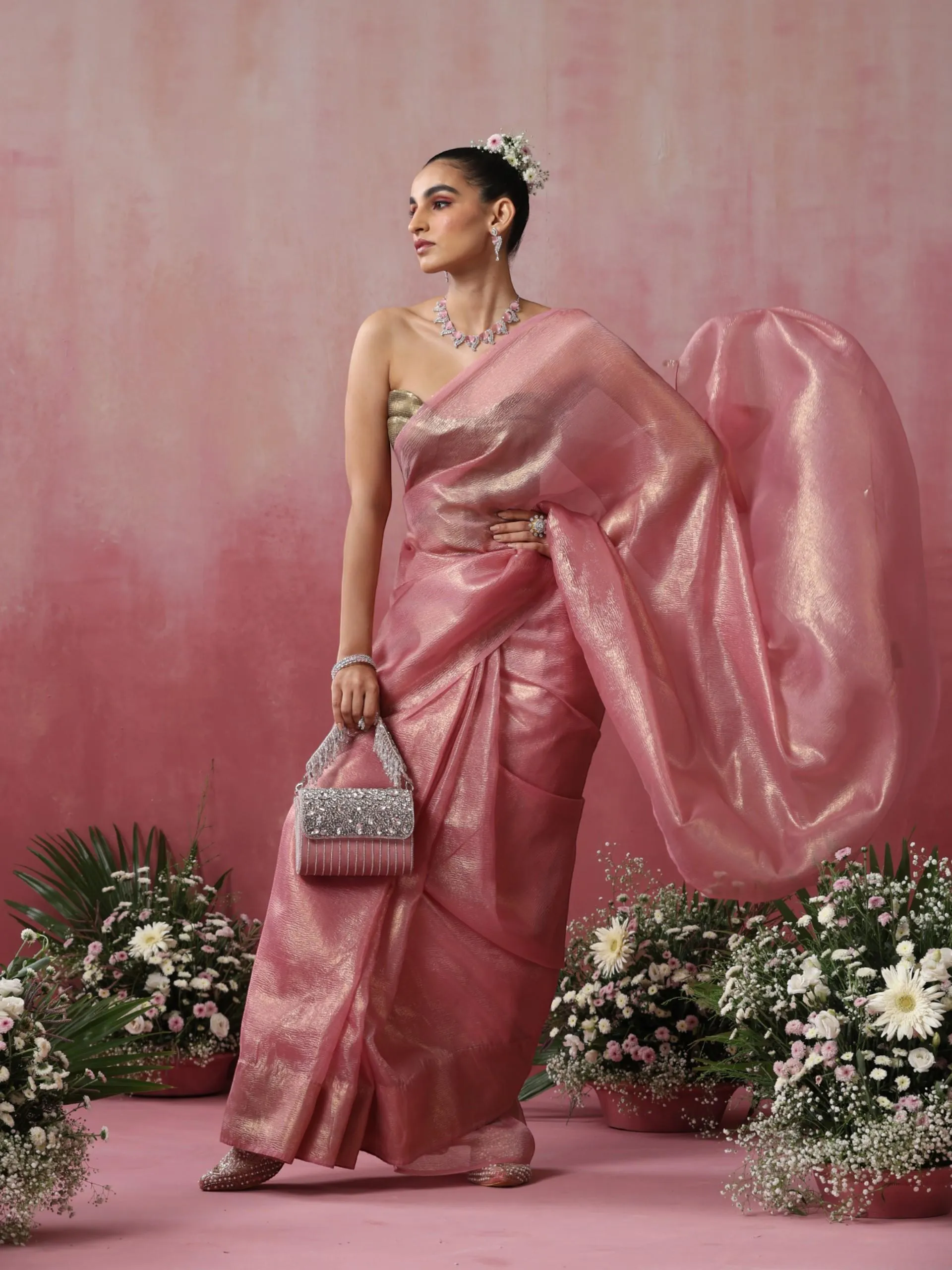 Pink Goldy Crushed Organza Saree with Pendants