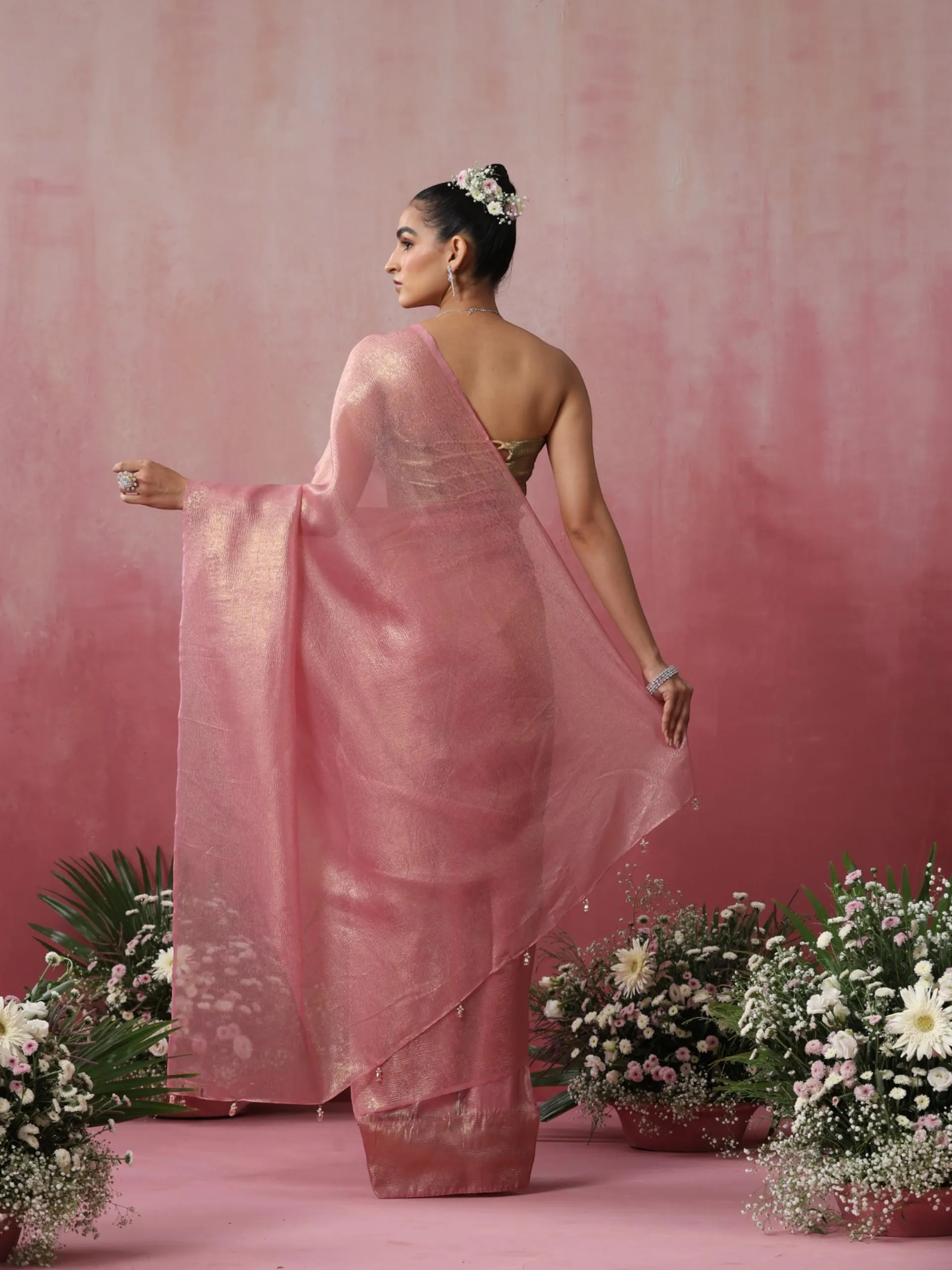 Pink Goldy Crushed Organza Saree with Pendants