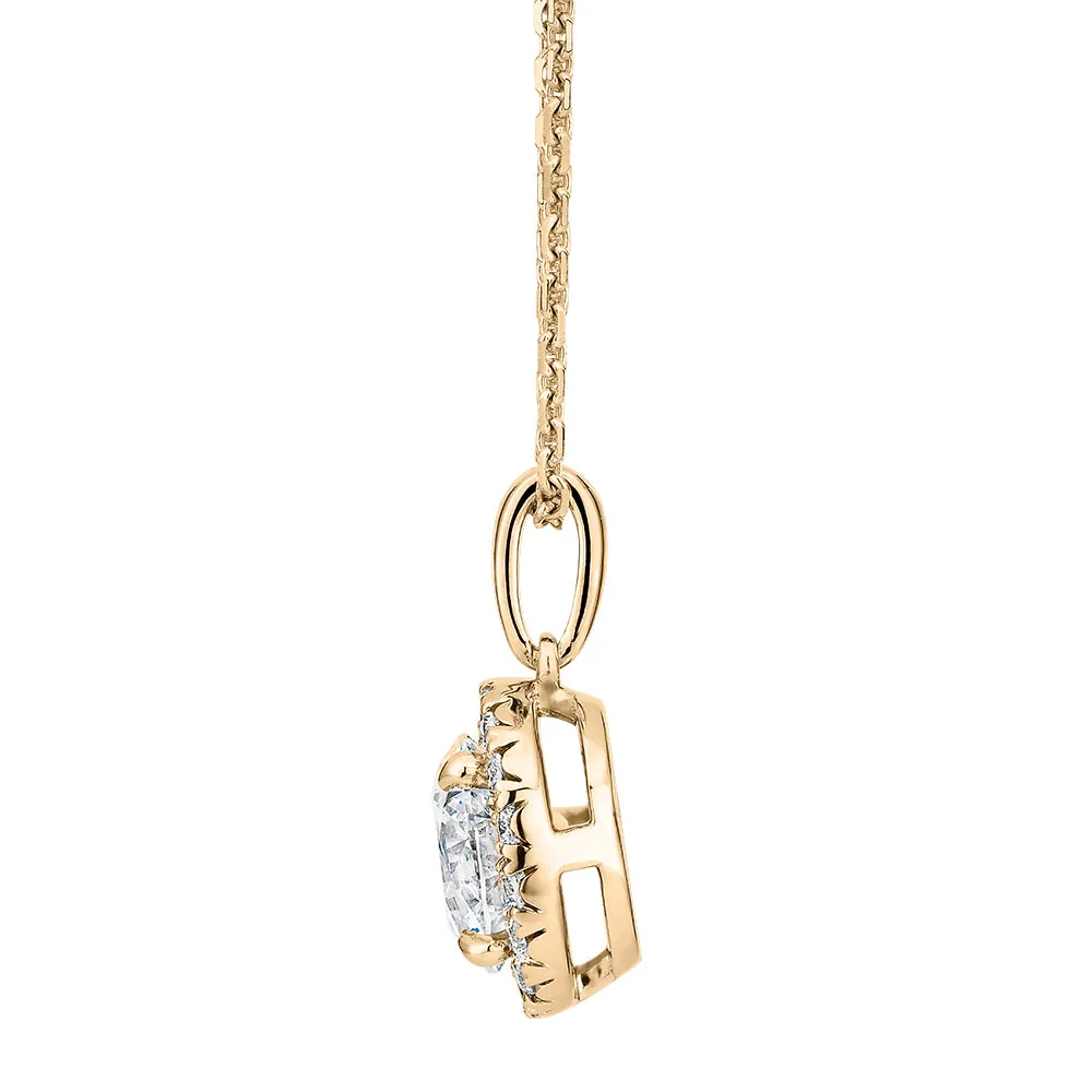 Premium Certified Laboratory Created Diamond, 1.19 carat TW round brilliant halo pendant in 14 carat yellow gold