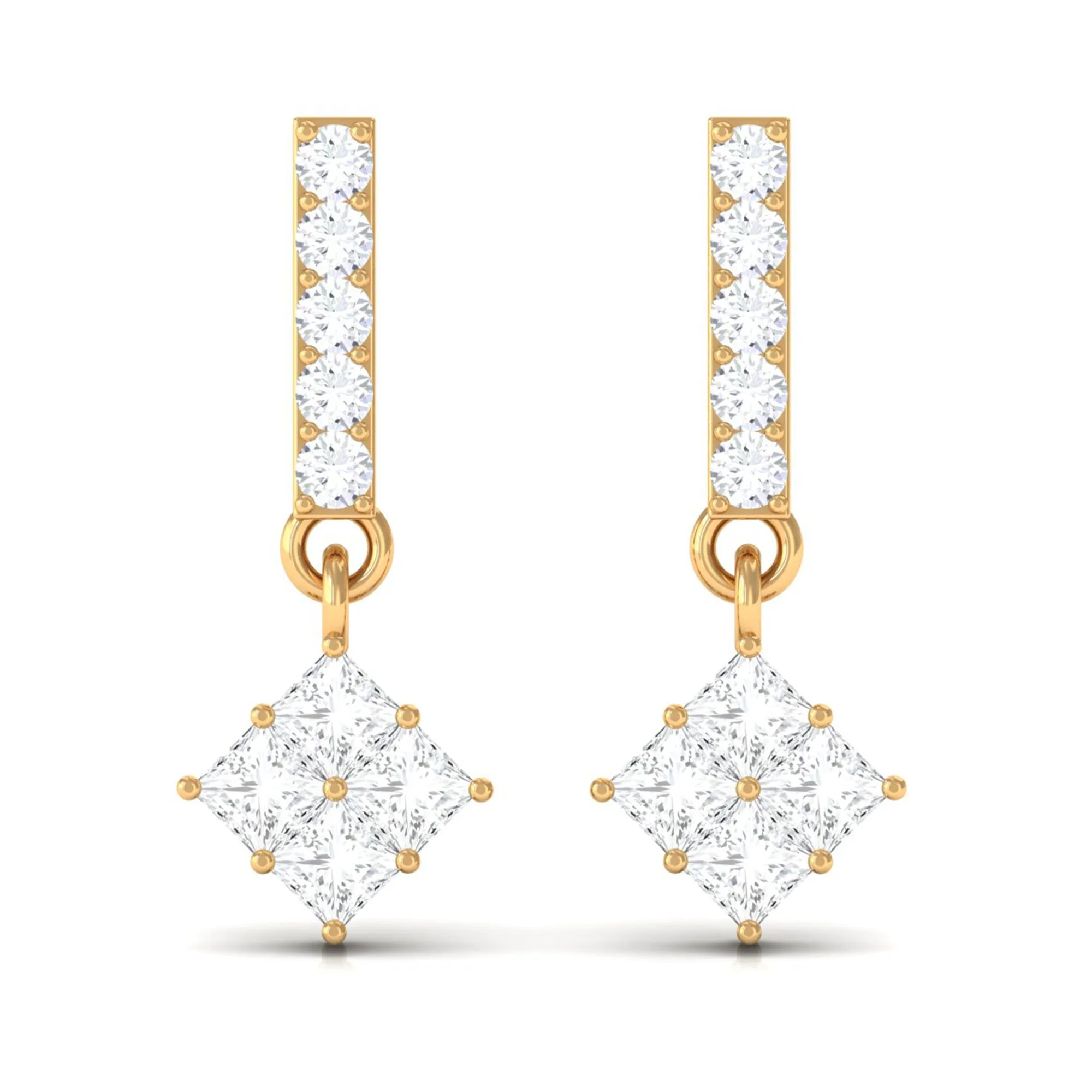 Princess and Round Cut Diamond Contemporary Dangle Earrings