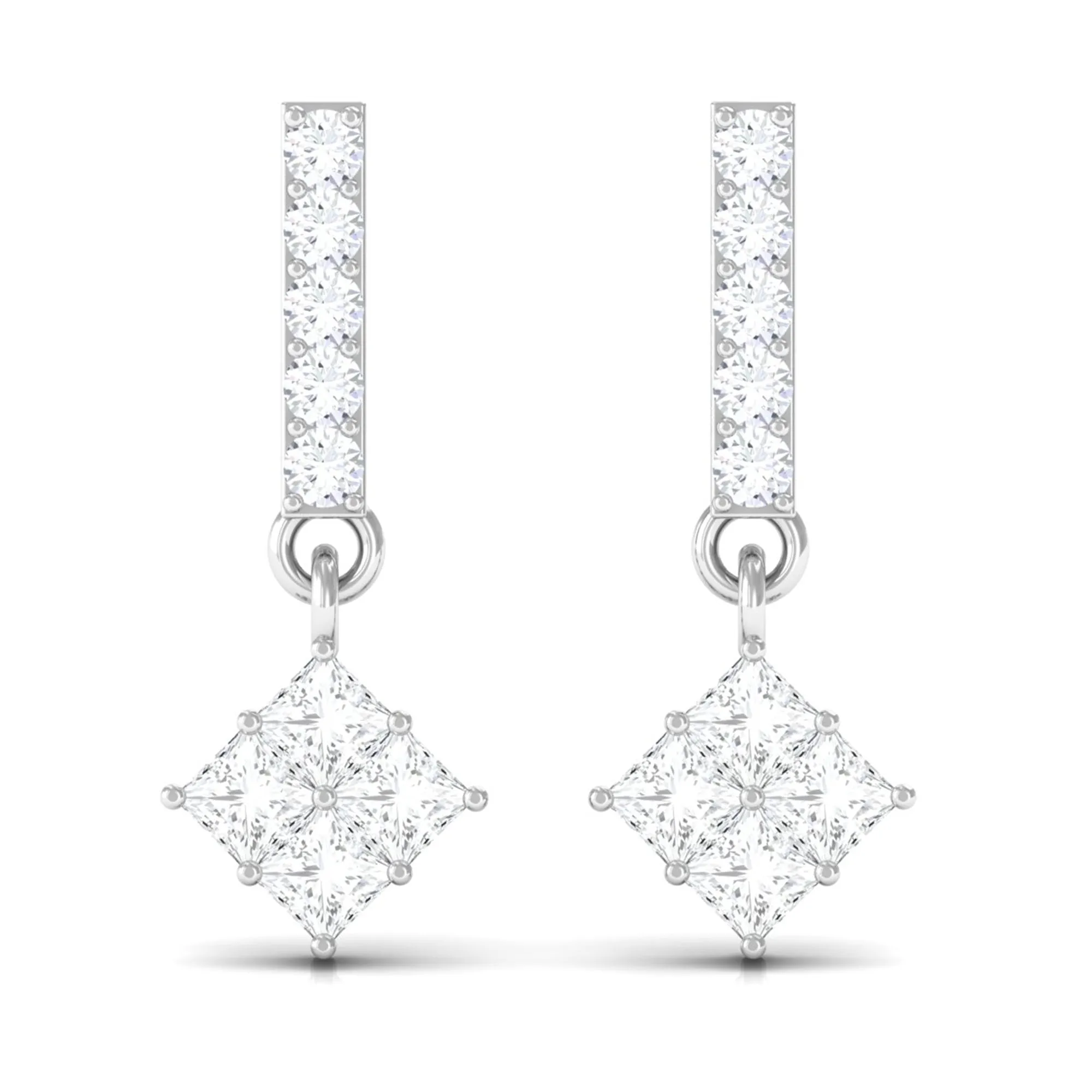 Princess and Round Cut Diamond Contemporary Dangle Earrings