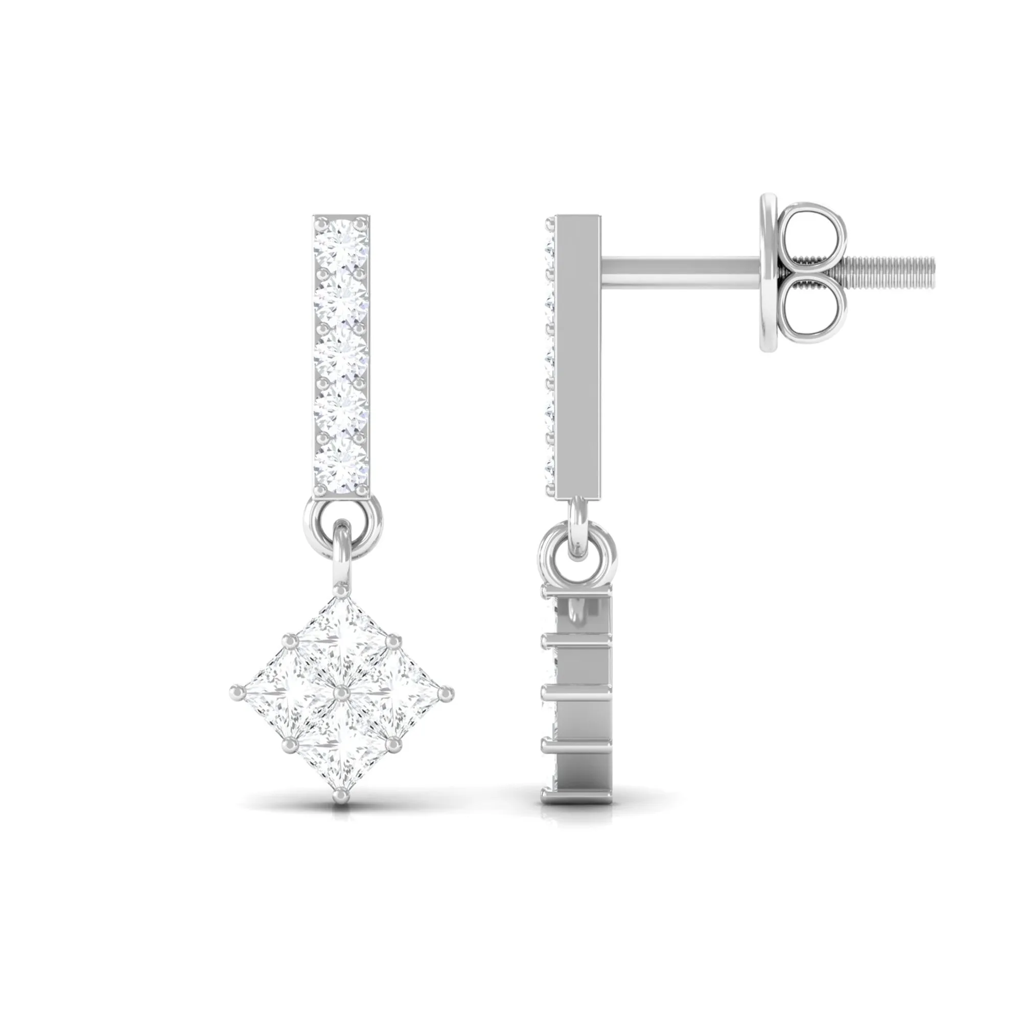 Princess and Round Cut Diamond Contemporary Dangle Earrings