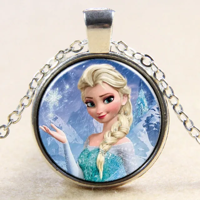 Princess ELSA Anna silver coated glass pendant necklace popular in Europe and America