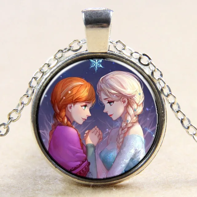 Princess ELSA Anna silver coated glass pendant necklace popular in Europe and America