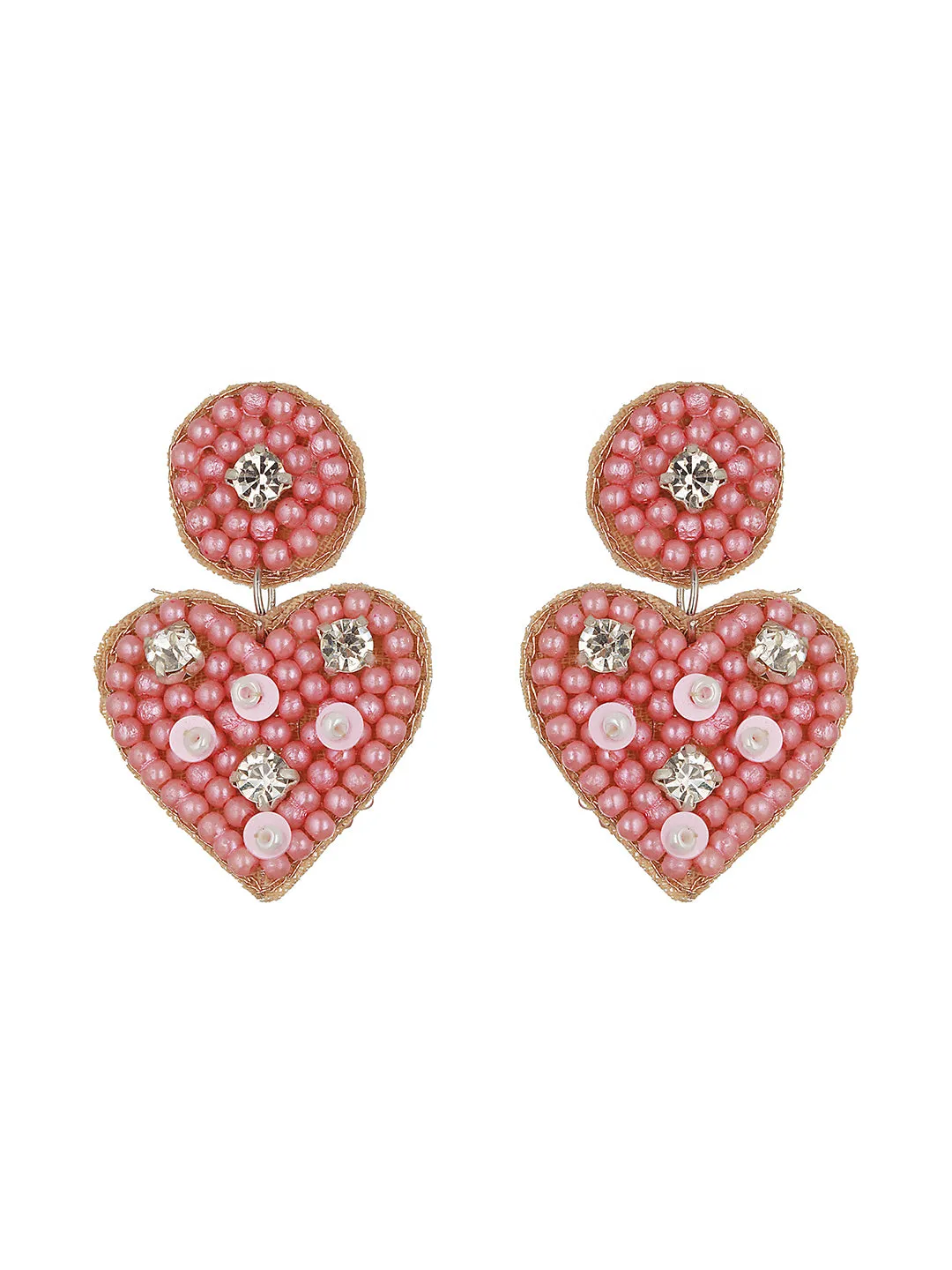 Purple Beaded & Cz Studded Heart Shaped Contemporary Drop Earrings