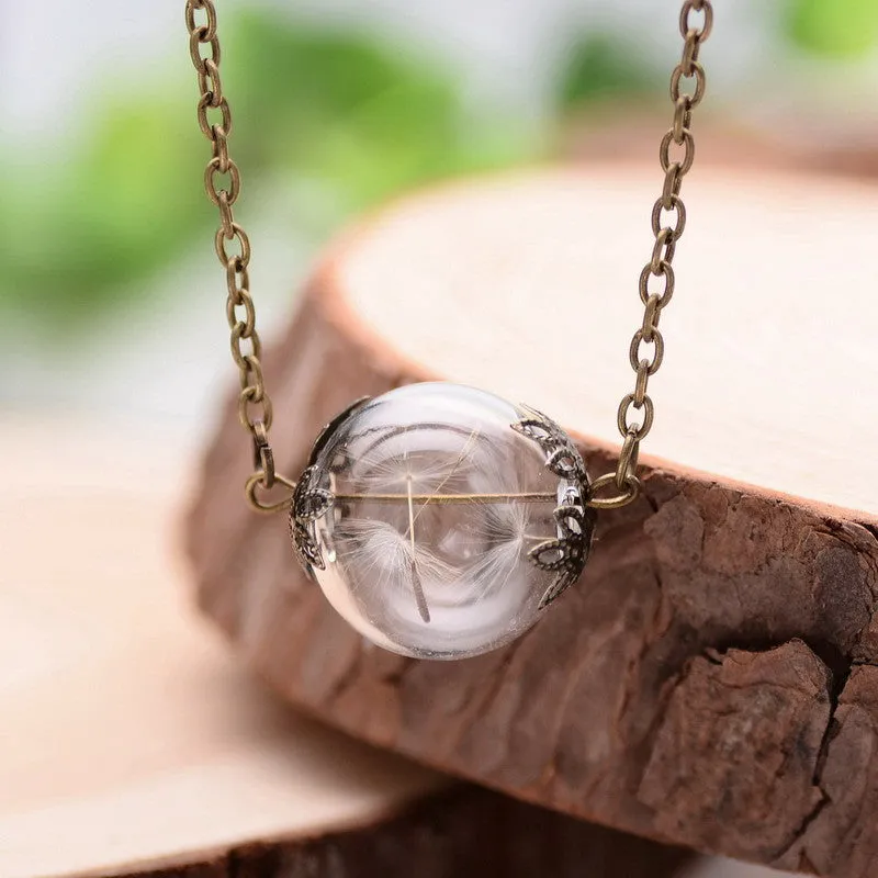 Real Plants Glass Floating Lockets Necklaces Dandelions Chain of Seeds FREE Pendant Necklace for Women Mori Girl's Wish Locket