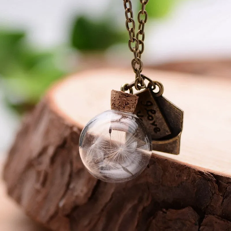 Real Plants Glass Floating Lockets Necklaces Dandelions Chain of Seeds FREE Pendant Necklace for Women Mori Girl's Wish Locket