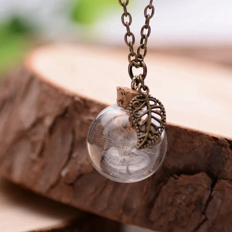 Real Plants Glass Floating Lockets Necklaces Dandelions Chain of Seeds FREE Pendant Necklace for Women Mori Girl's Wish Locket