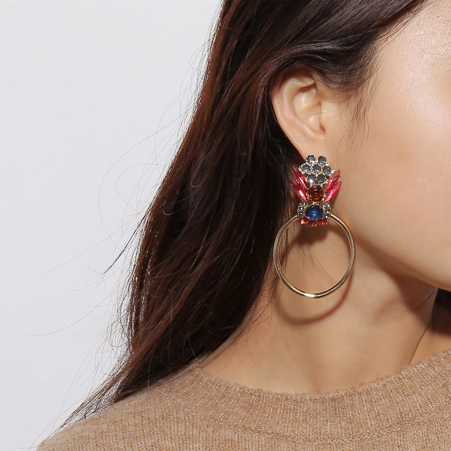 Retro Metal Ring Earrings with Colorful Rhinestones