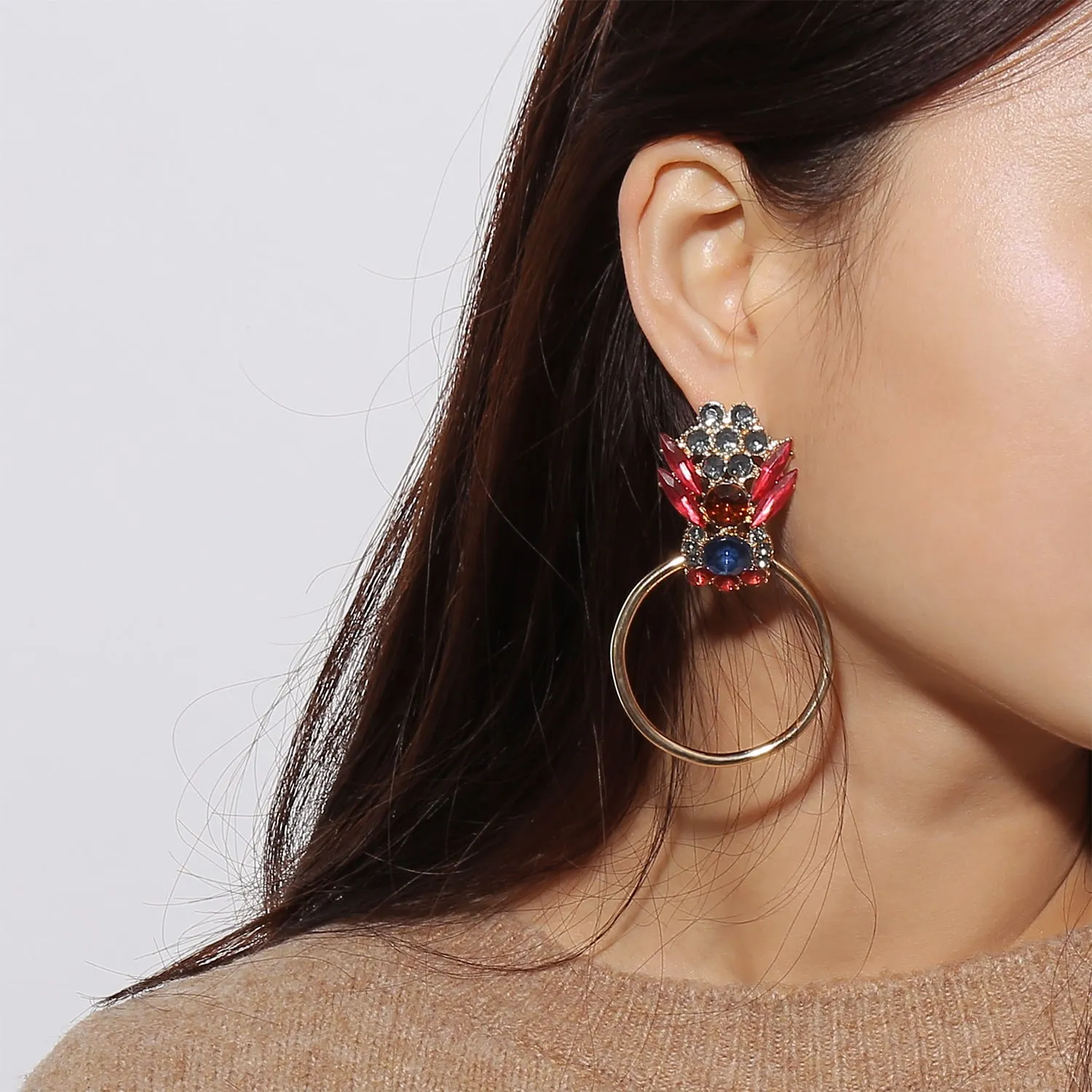 Retro Metal Ring Earrings with Colorful Rhinestones