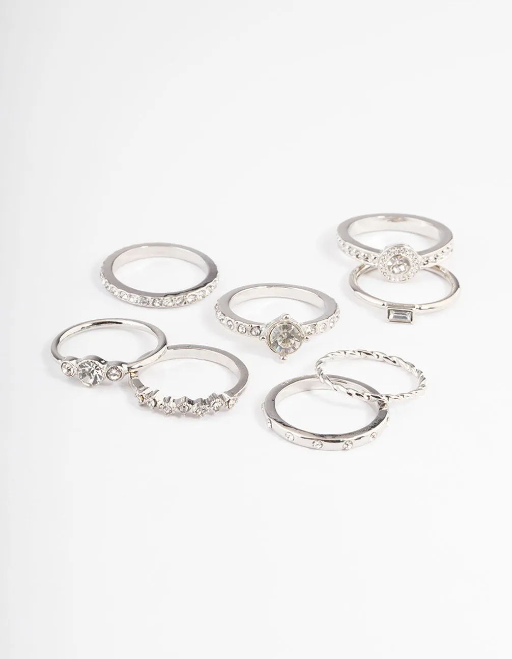 Rhodium Crystal Halo Diamante Ring 8-Pack