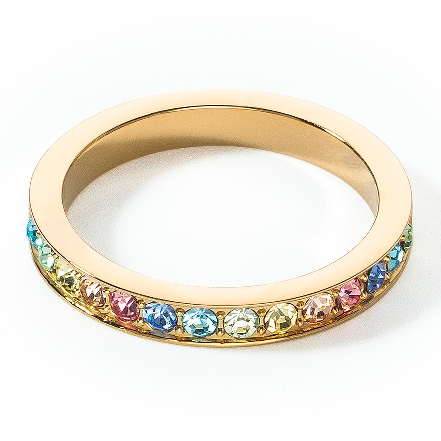 Ring stainless steel & crystals slim gold multicolour pastel