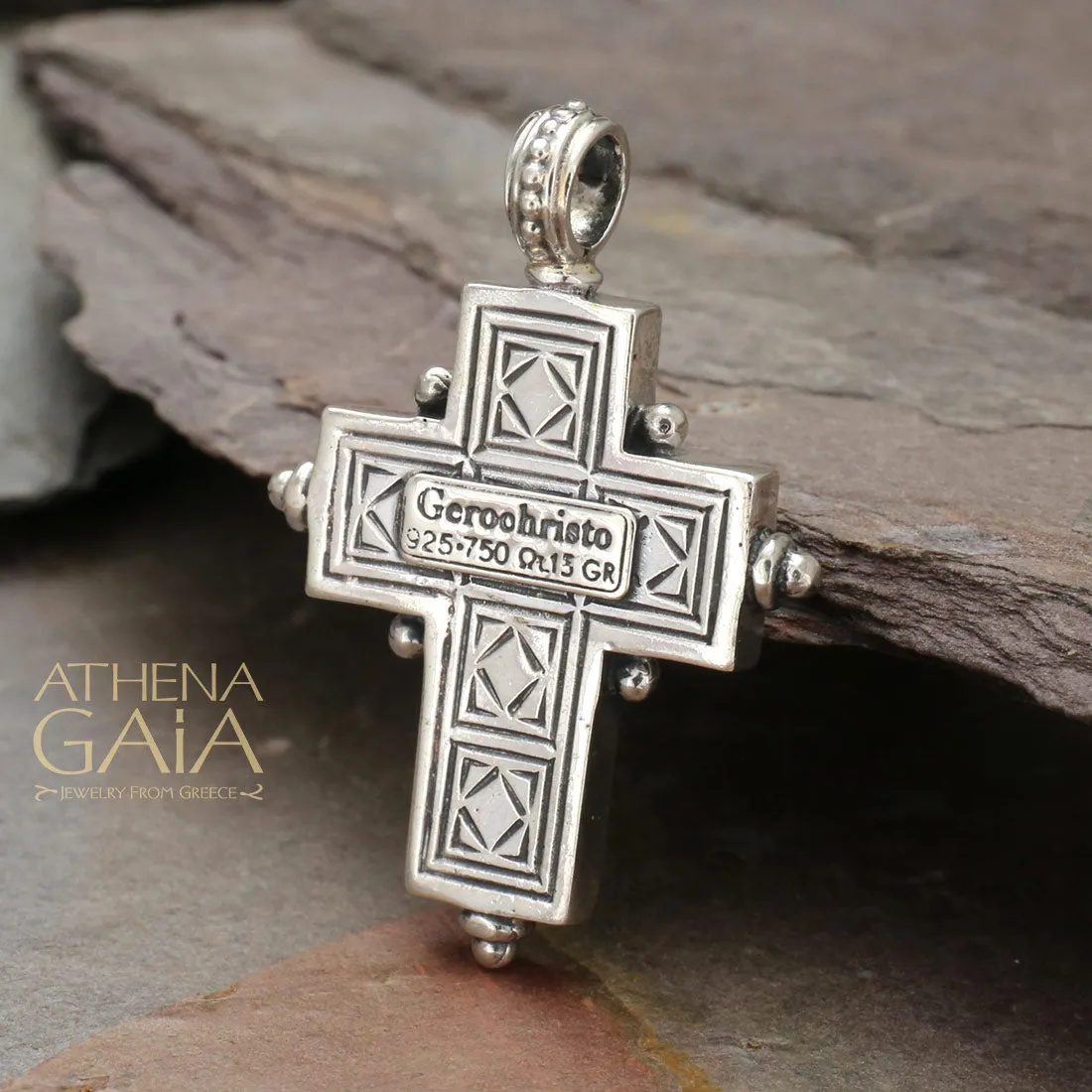 Rustic Center Stone Silver Latin Cross