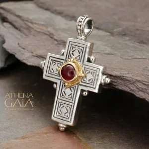 Rustic Center Stone Silver Latin Cross