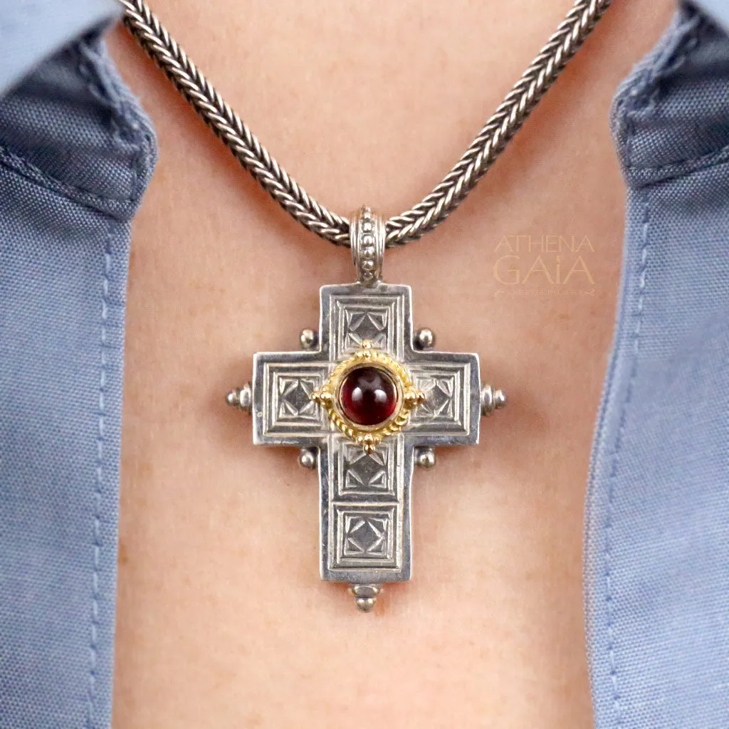 Rustic Center Stone Silver Latin Cross