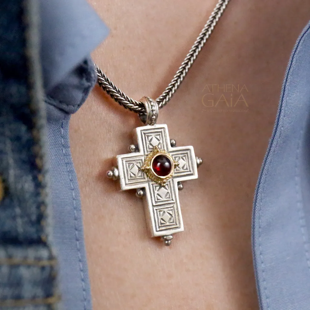 Rustic Center Stone Silver Latin Cross