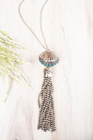 SALE! Turquoise Beaded Silvertone Squash Blossom Tassel Pendant Necklace