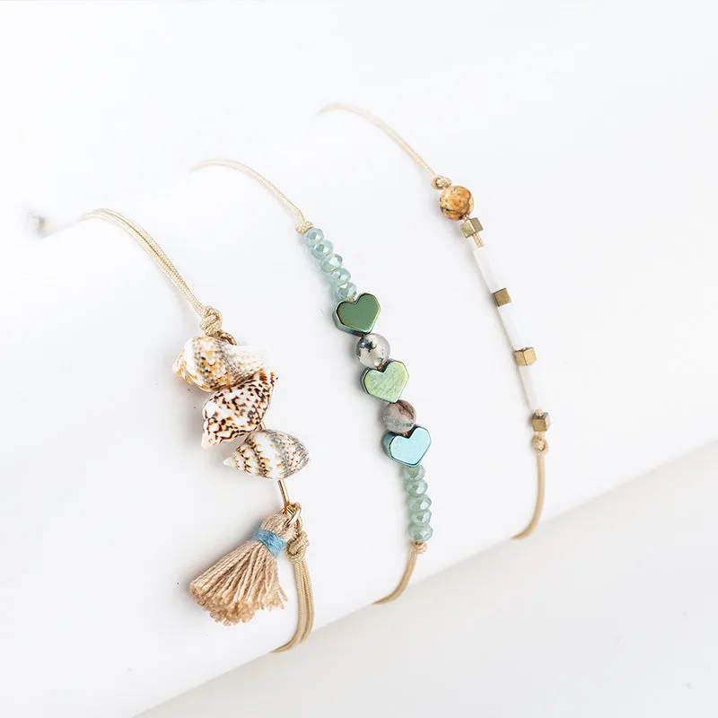 Set Of 3 Natural Shell Tassel Pendant Bracelets