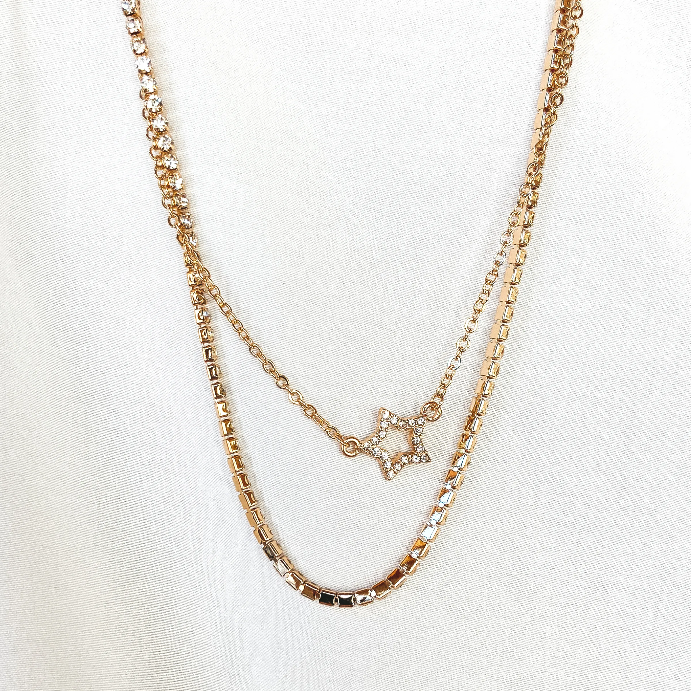 Set of Two | Crystal and Star Outline Layering Necklaces in Gold