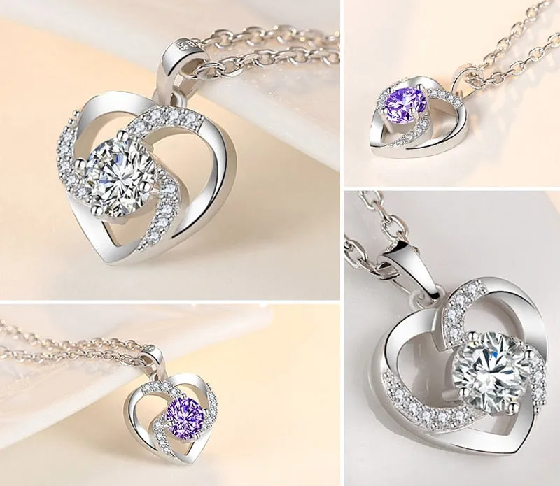 Silver 925 Necklace with Purple Zircon Gemstone Pendant With Box Chain Women Heart Shape , Wedding Necklace