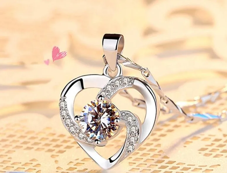 Silver 925 Necklace with Purple Zircon Gemstone Pendant With Box Chain Women Heart Shape , Wedding Necklace