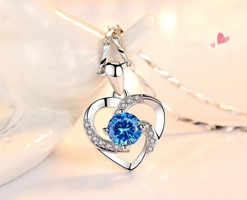 Silver 925 Necklace with Purple Zircon Gemstone Pendant With Box Chain Women Heart Shape , Wedding Necklace