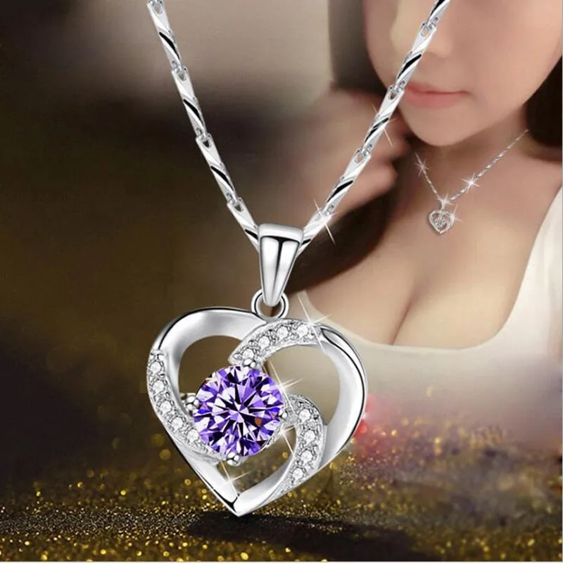 Silver 925 Necklace with Purple Zircon Gemstone Pendant With Box Chain Women Heart Shape , Wedding Necklace