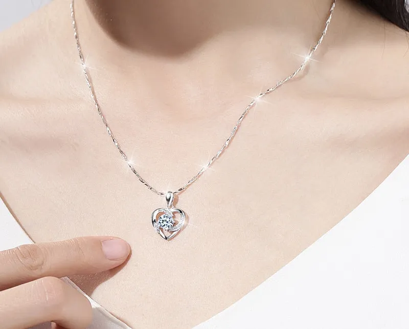 Silver 925 Necklace with Purple Zircon Gemstone Pendant With Box Chain Women Heart Shape , Wedding Necklace