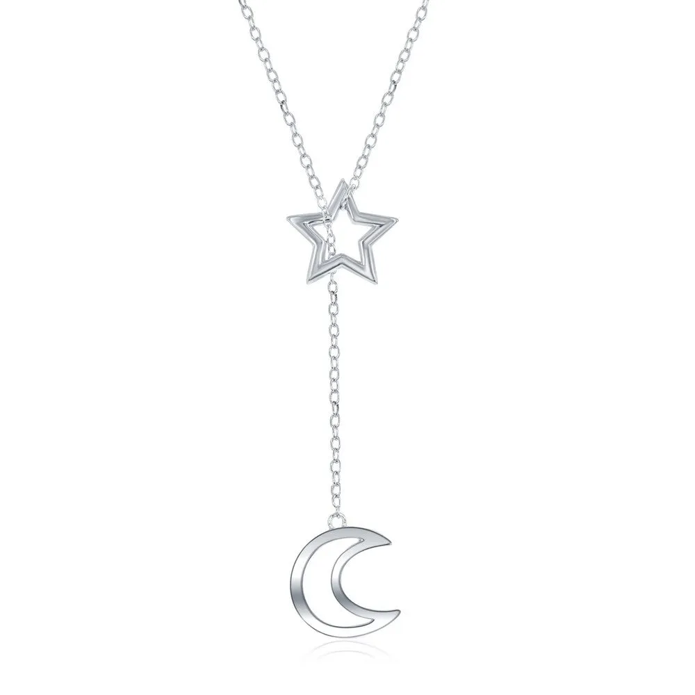 Sterling Silver Star with Hanging Crecent Moon Adjustable Lariat Necklace