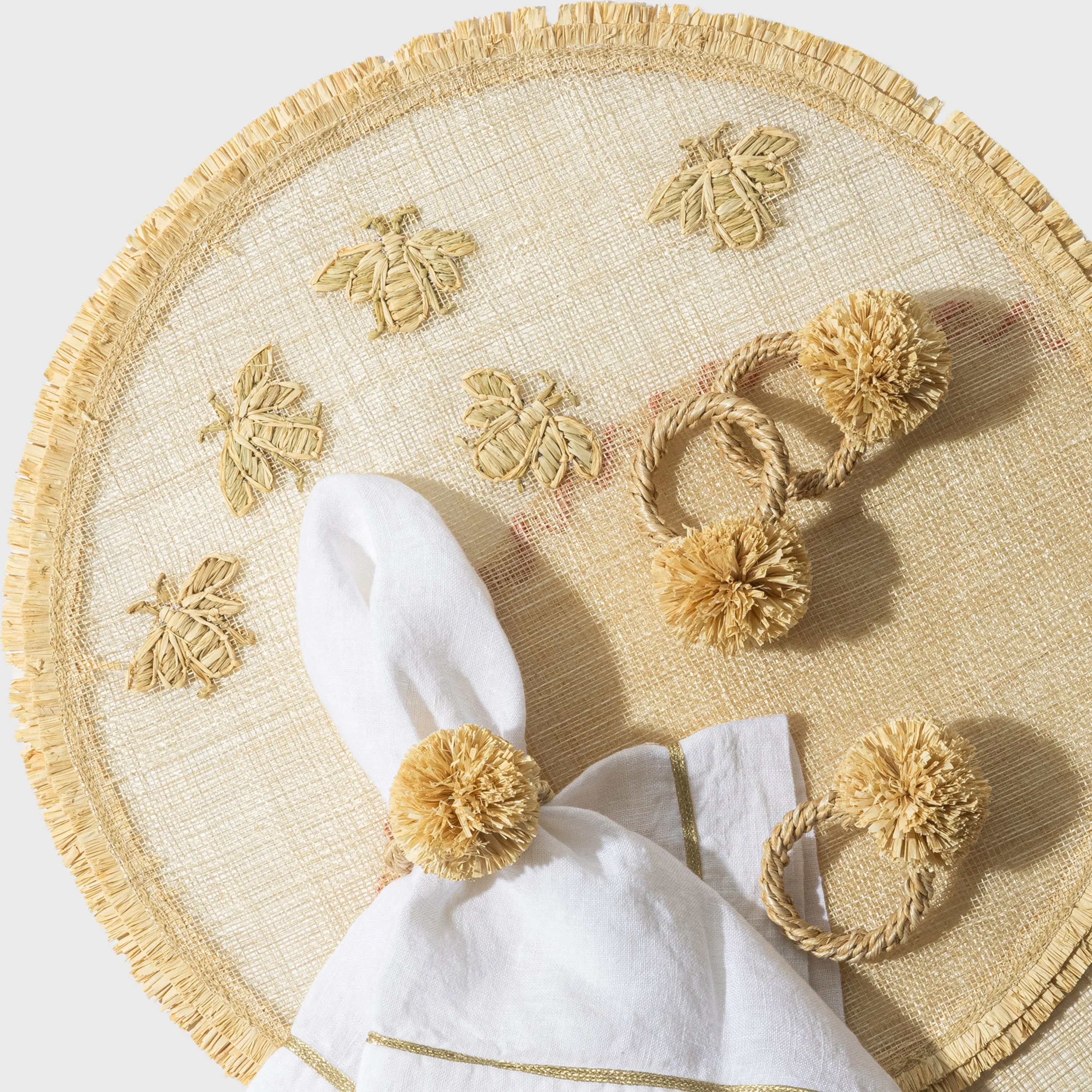 Straw Pompom Napkin Rings, Natural, Set of Four