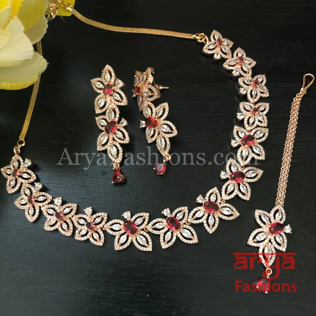 Tanisha CZ Silver Necklace with Earrings and Mang Tika