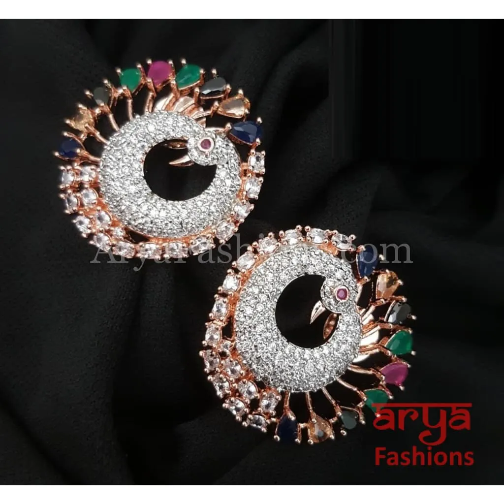 Tanisha Peacock CZ Studs with Silver stones in Victorian/ Rose Gold/Golden Finish/ Ethnic Stud Earrings