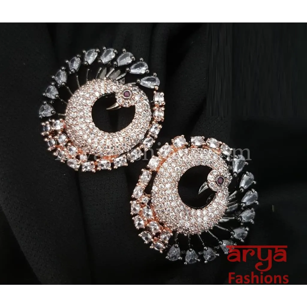 Tanisha Peacock CZ Studs with Silver stones in Victorian/ Rose Gold/Golden Finish/ Ethnic Stud Earrings