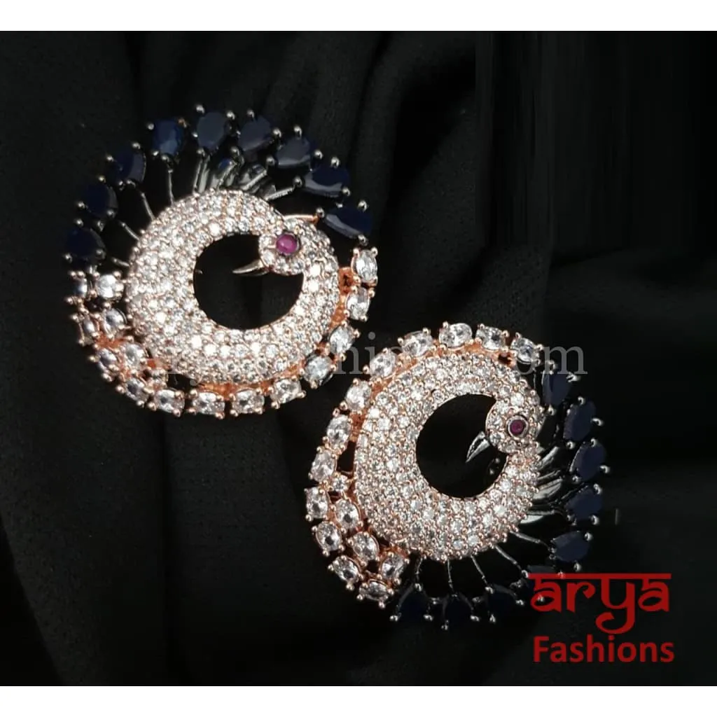 Tanisha Peacock CZ Studs with Silver stones in Victorian/ Rose Gold/Golden Finish/ Ethnic Stud Earrings