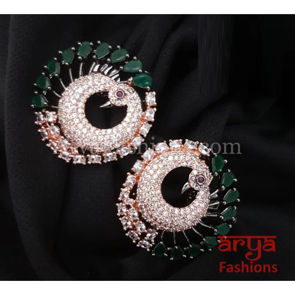 Tanisha Peacock CZ Studs with Silver stones in Victorian/ Rose Gold/Golden Finish/ Ethnic Stud Earrings