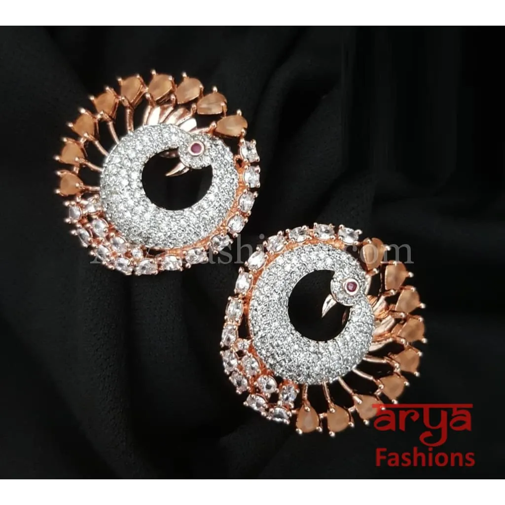 Tanisha Peacock CZ Studs with Silver stones in Victorian/ Rose Gold/Golden Finish/ Ethnic Stud Earrings