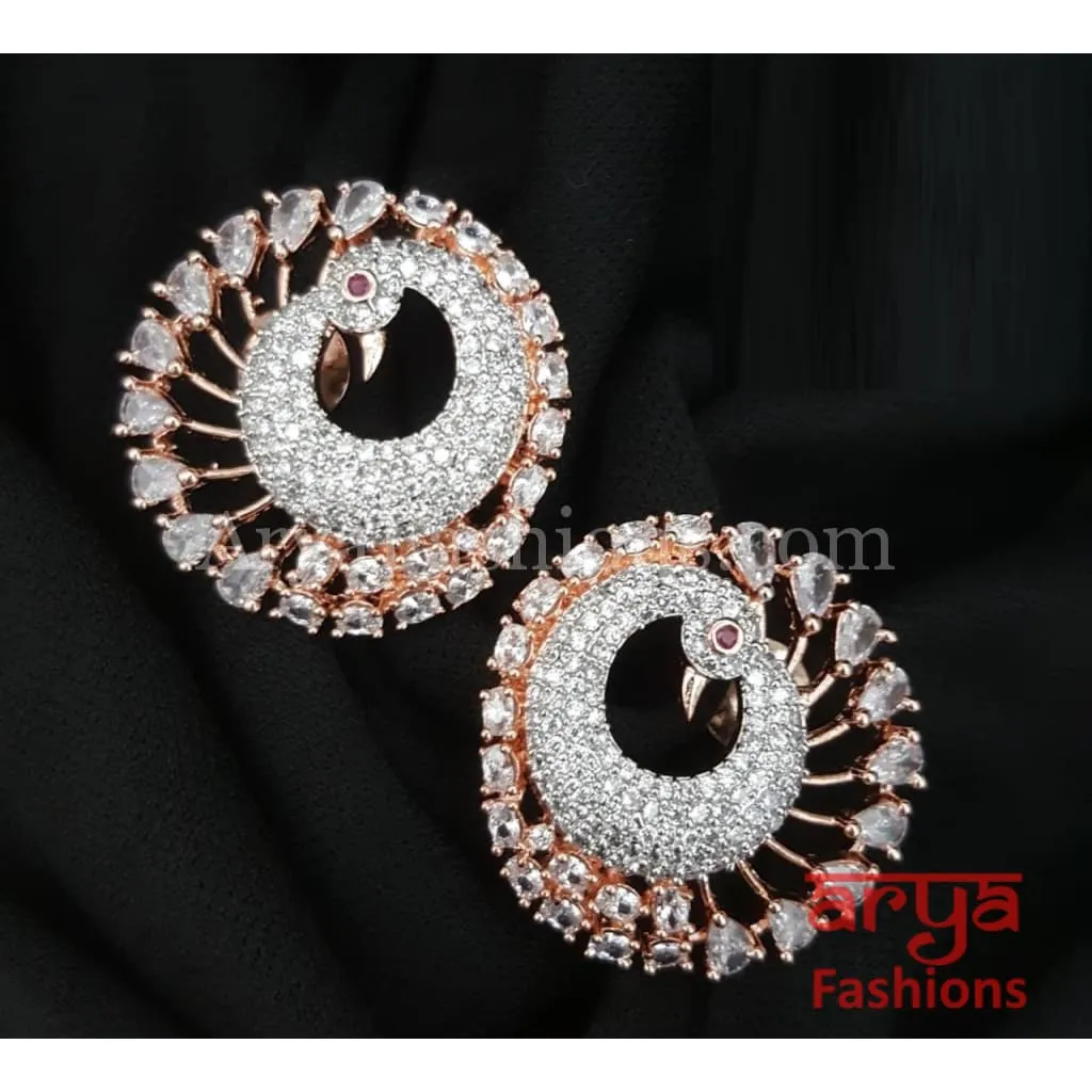 Tanisha Peacock CZ Studs with Silver stones in Victorian/ Rose Gold/Golden Finish/ Ethnic Stud Earrings