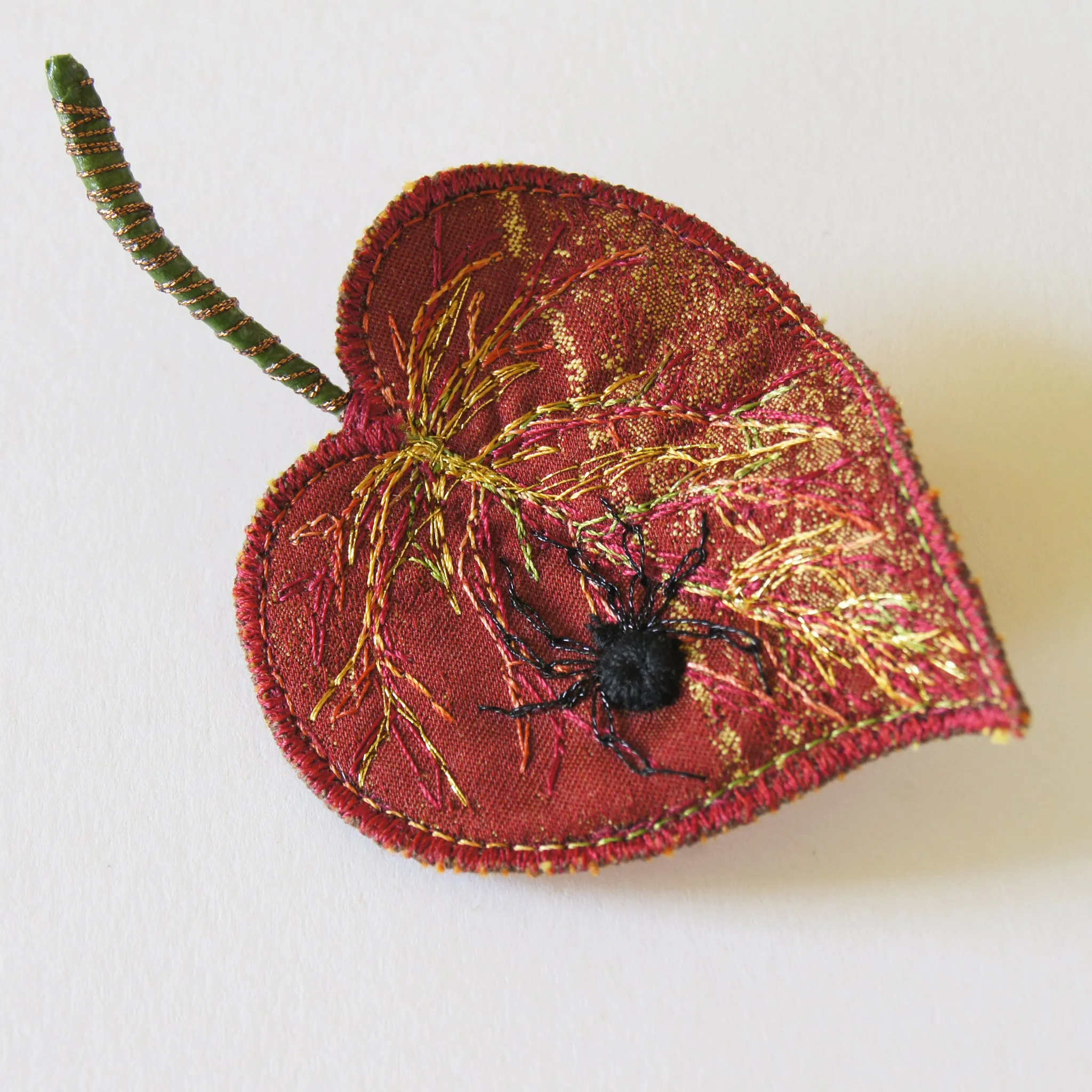 Textile Art Leaves with Embroidered Spider