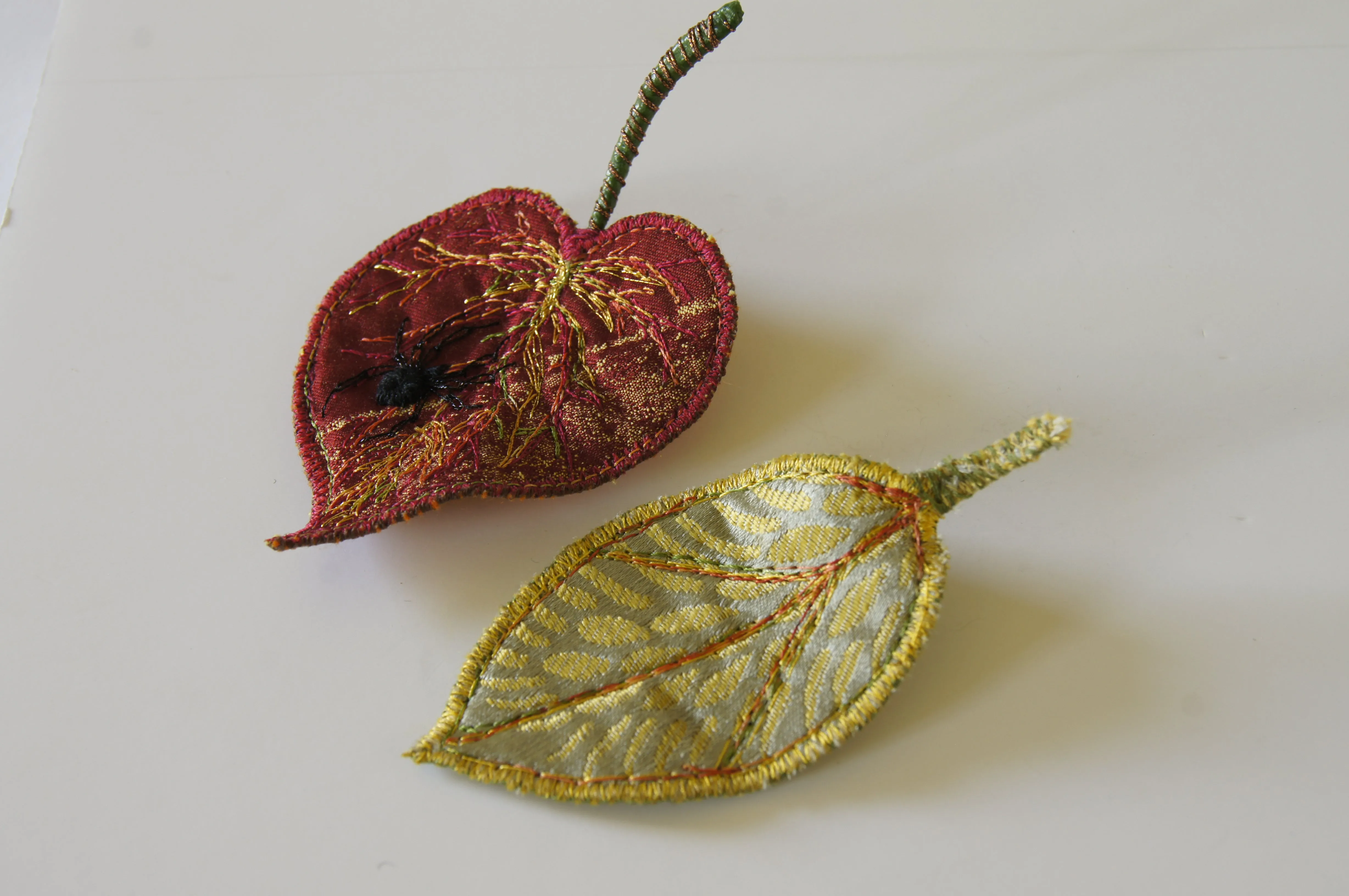 Textile Art Leaves with Embroidered Spider