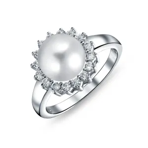 Traditional CZ Halo Solitaire Cocktail Statement Ring with Simulated Pearl Sterling Silver