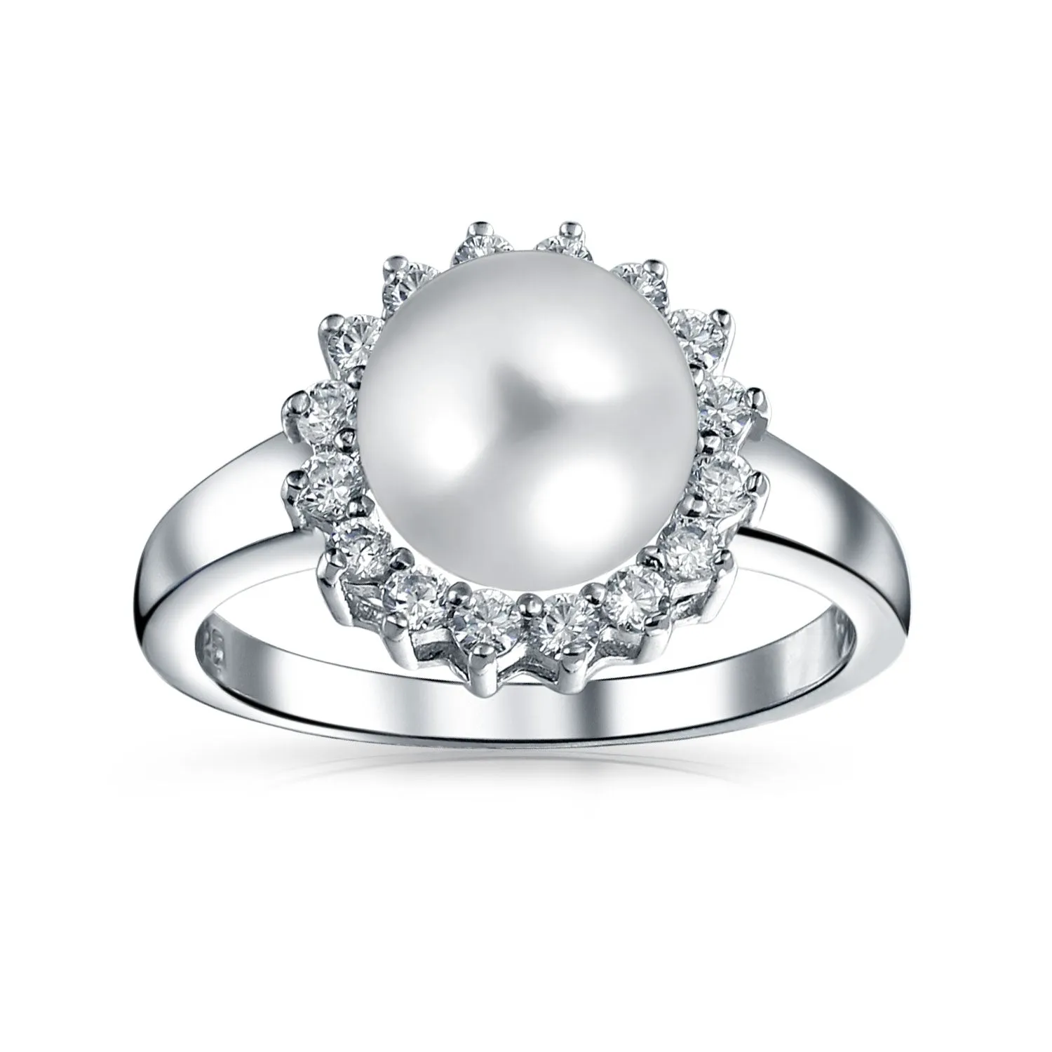 Traditional CZ Halo Solitaire Cocktail Statement Ring with Simulated Pearl Sterling Silver