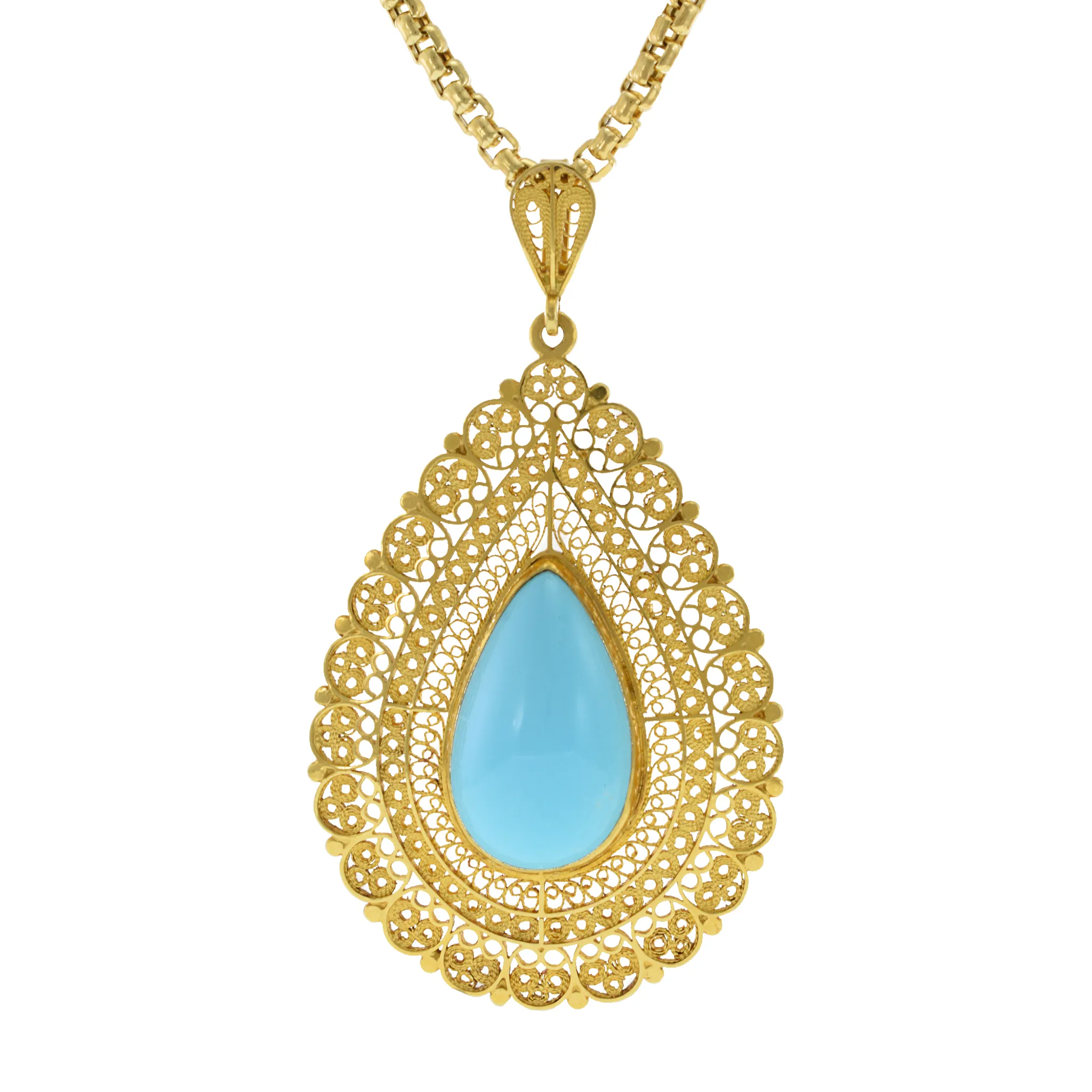 Victorian Era 18KT Yellow Gold Filigree Pendant with Persian Turquoise